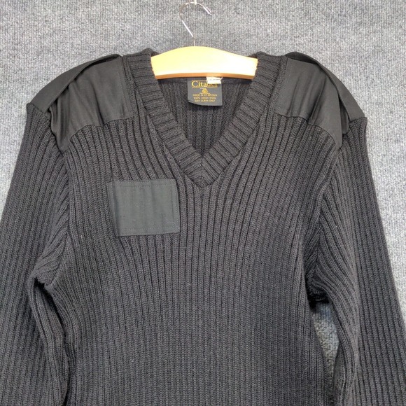 Citadel Mens Ribbed Sweater Black 44 V-Neck Patch Wool Vintage Great Britain - Picture 3 of 12